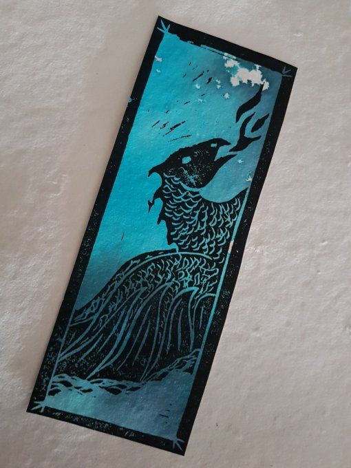 Linogravure unique dragon celtique bleu